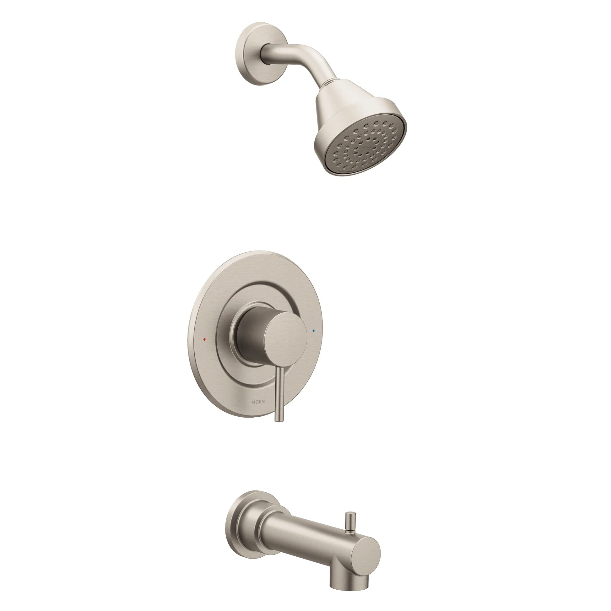 Brushed nickel tub and shower trim kit with round shower head, lever handle valve, and tub spout.