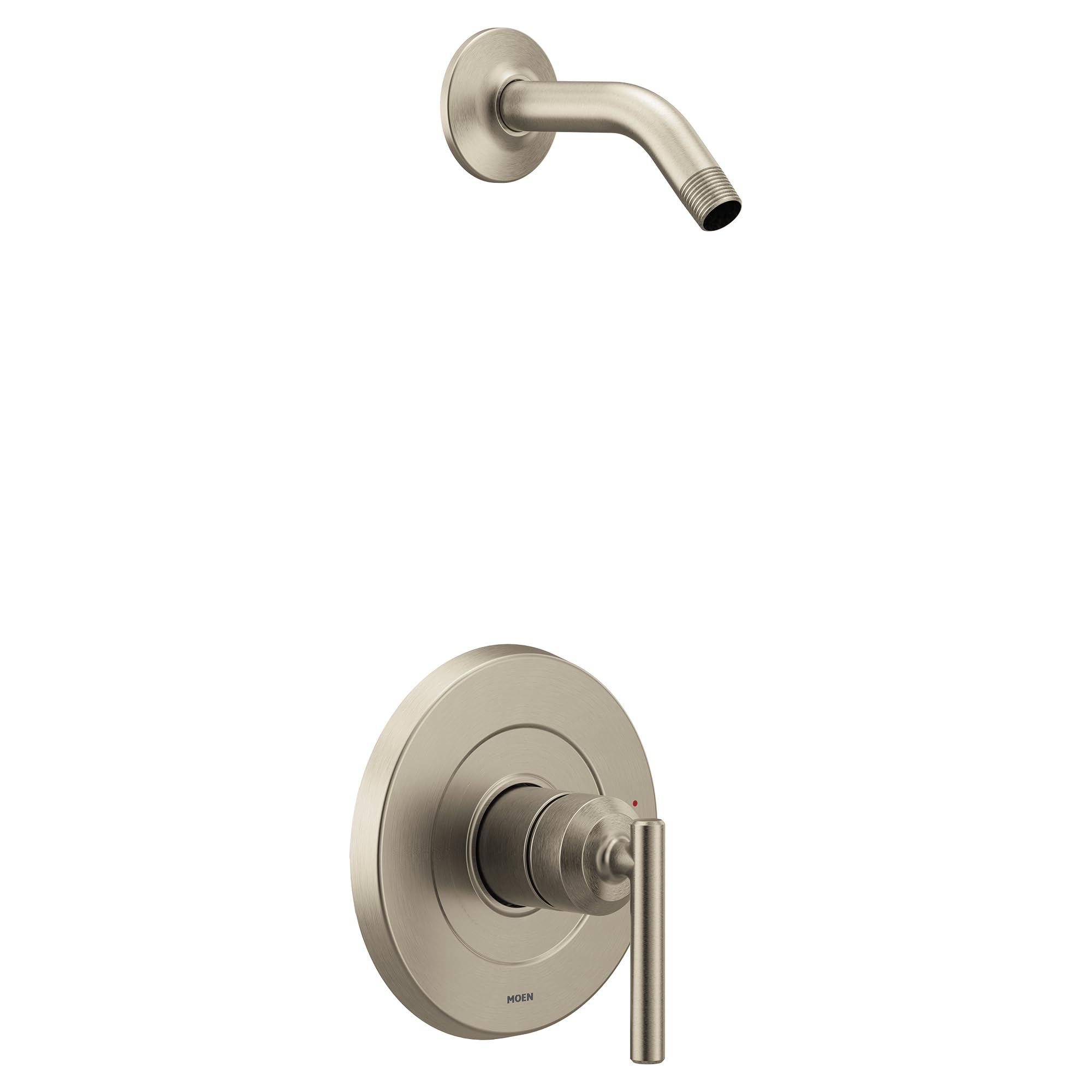 Brushed nickel shower trim with single lever handle, curved showerhead arm, and round escutcheon plate.