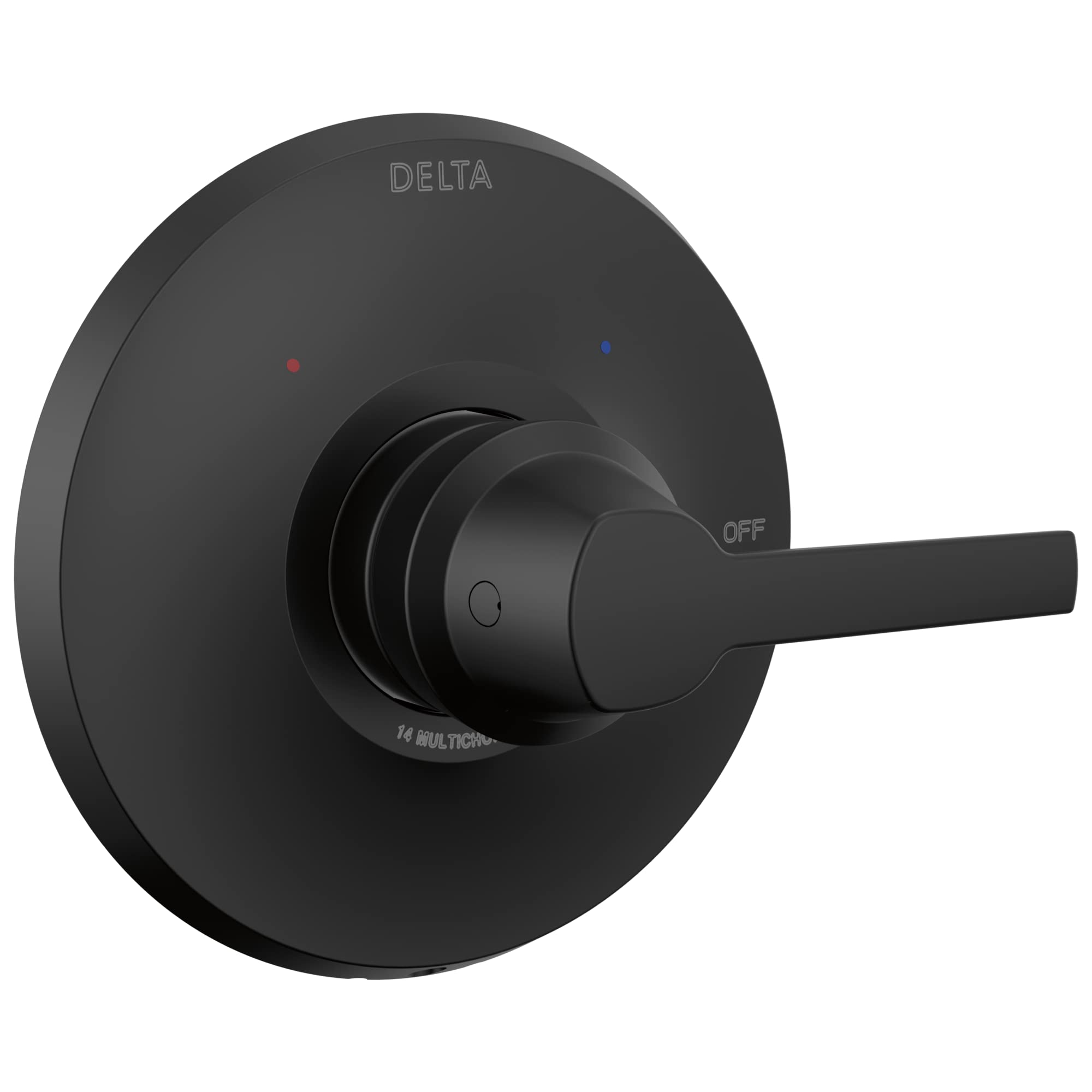 Matte black Delta valve trim with round escutcheon plate, single lever handle, and red and blue indicator dots.