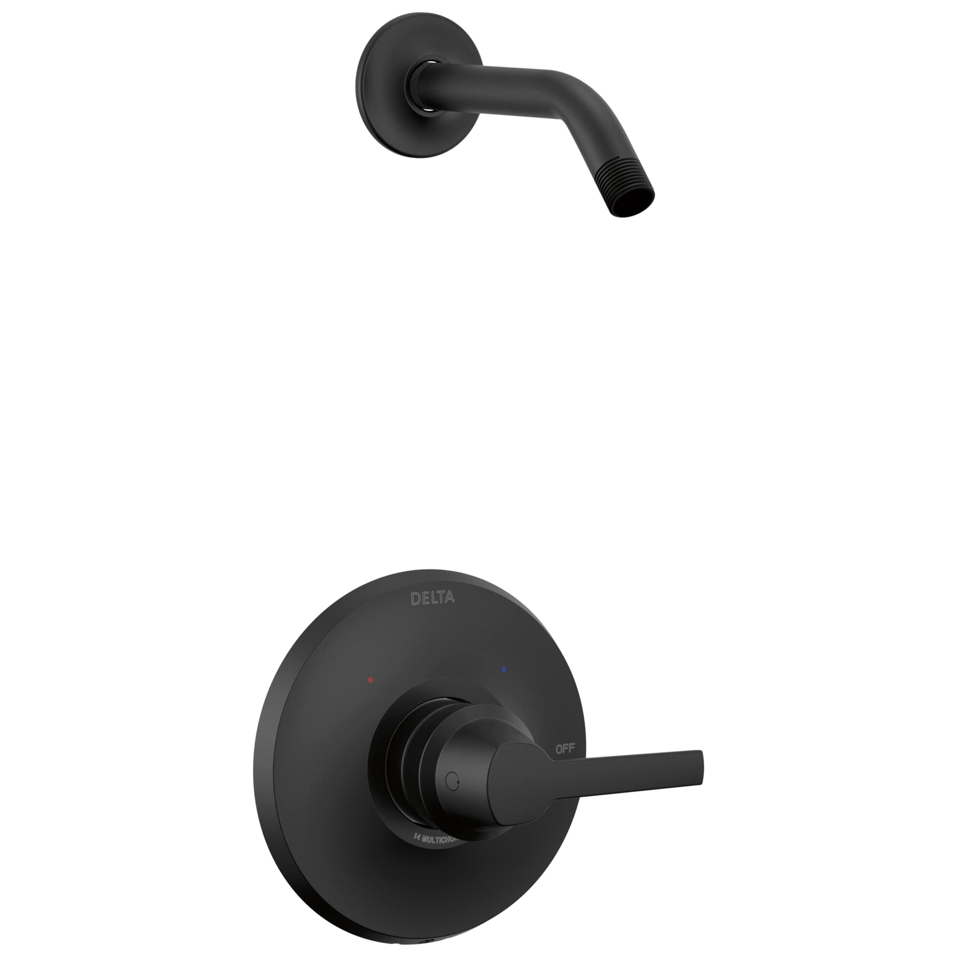 Black shower trim kit with round wall plate, single lever handle, and curved shower arm outlet.