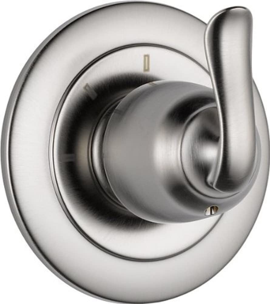 Brushed nickel diverter trim with oval escutcheon plate and lever handle for shower or bath water control.