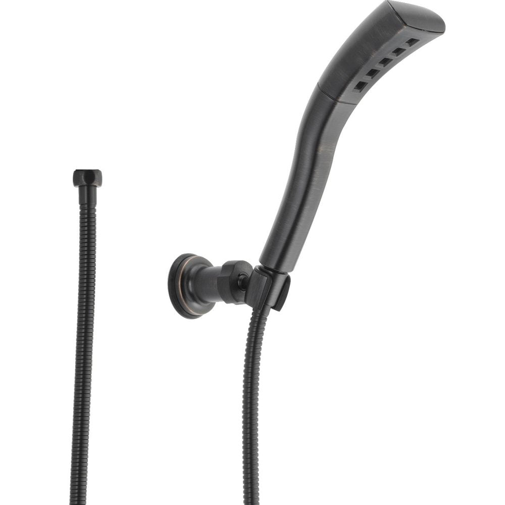 Matte black handheld shower head with curved wand, wall mount bracket, and flexible hose.