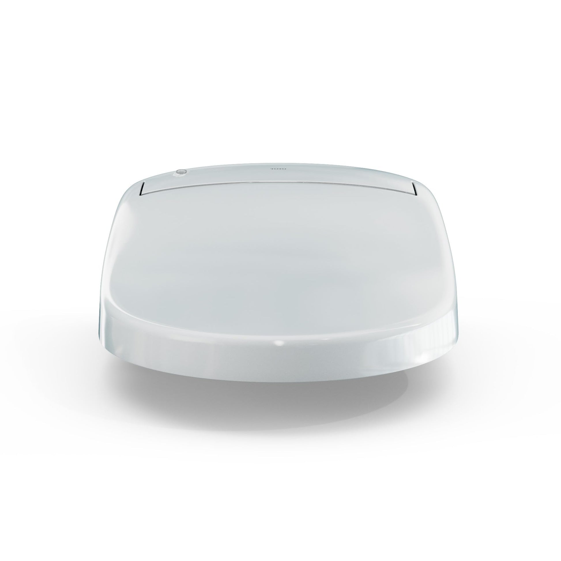 Cotton white electronic toilet seat with control panel on curved lid and rounded base.