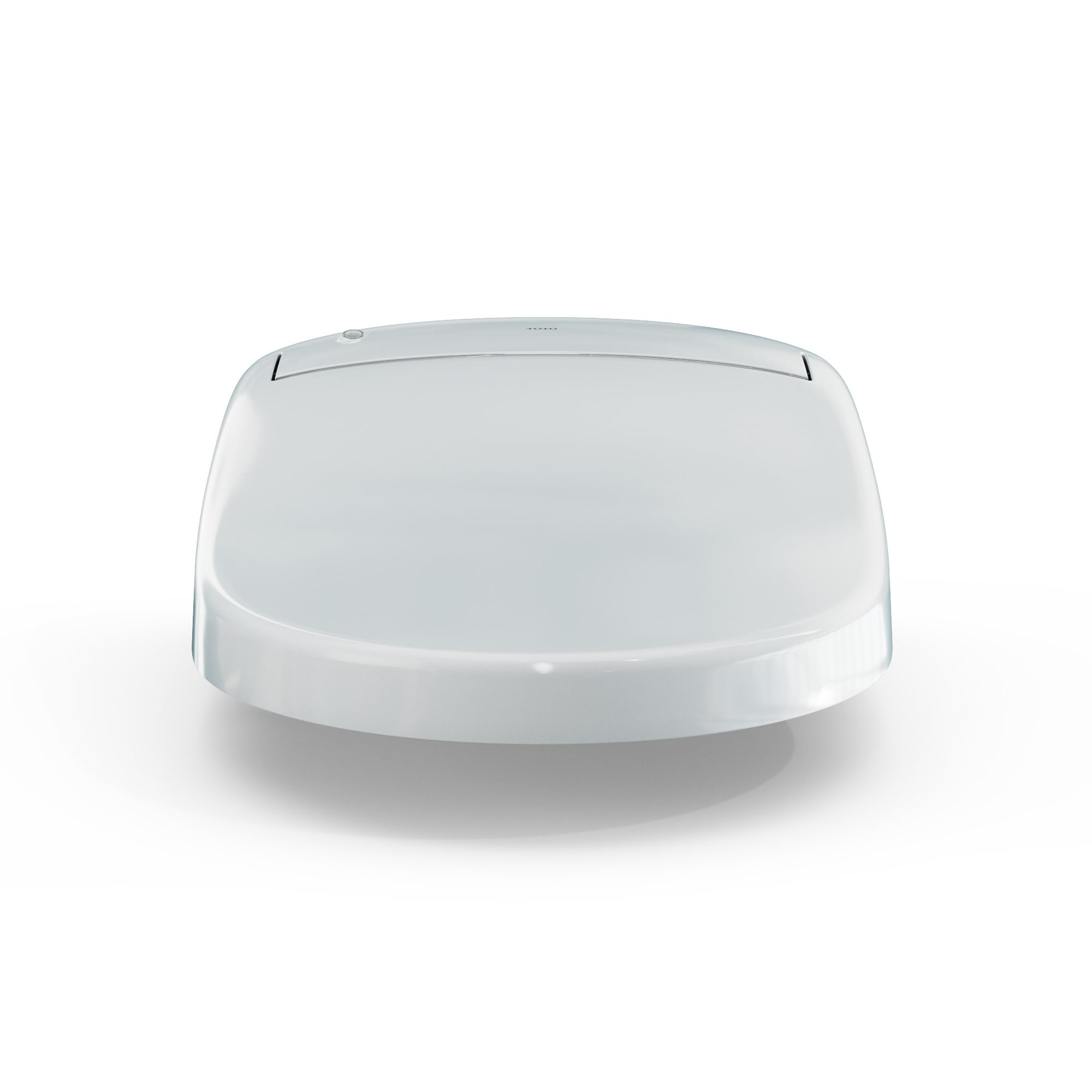 Cotton white electronic toilet seat with control panel on curved lid and rounded base.