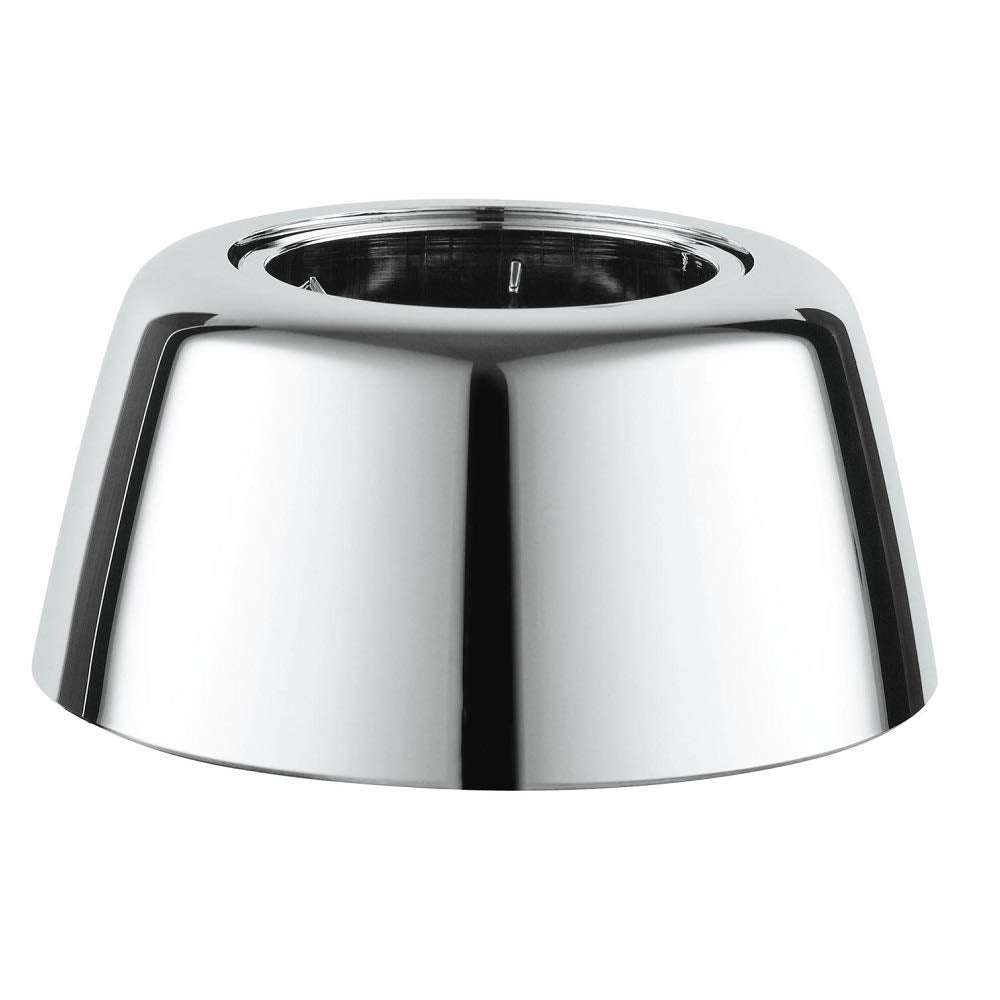 Chrome covering escutcheon with tapered cone shape and black interior ring detail.