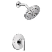 Chrome shower trim kit with single handle lever control, round showerhead with multiple spray holes, and curved arm mounted o