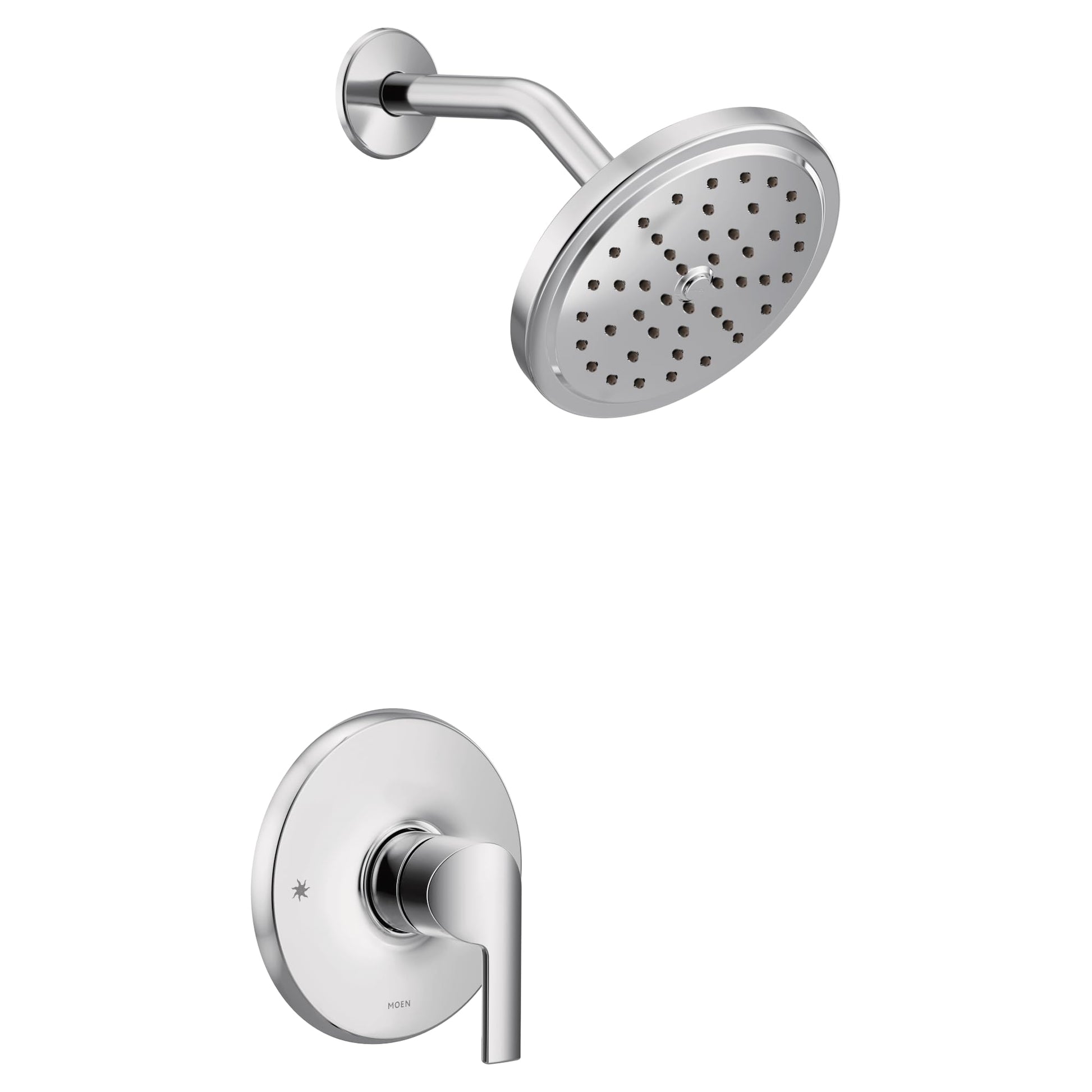 Chrome shower trim kit with single handle lever control, round showerhead with multiple spray holes, and curved arm mounted o