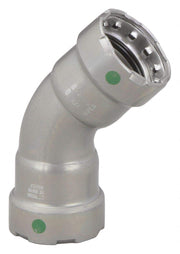 Silver-coated 45-degree press elbow fitting with green indicator dots on cylindrical connection ends.