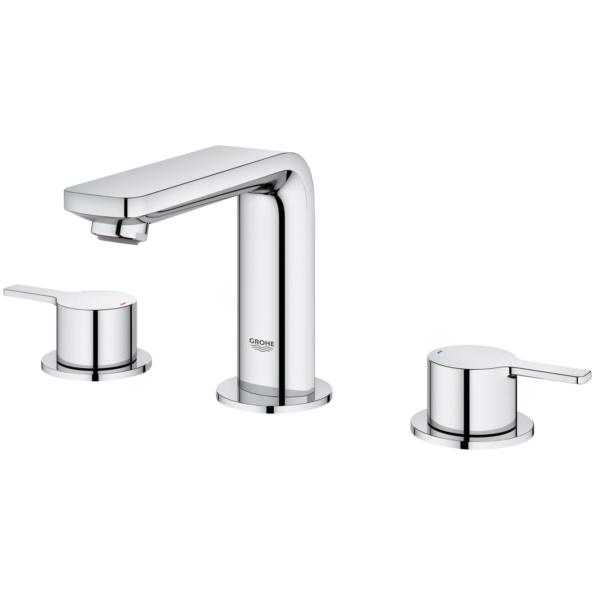 Grohe Lineare widespread bathroom faucet with polished chrome finish, arched spout, and two lever handles.