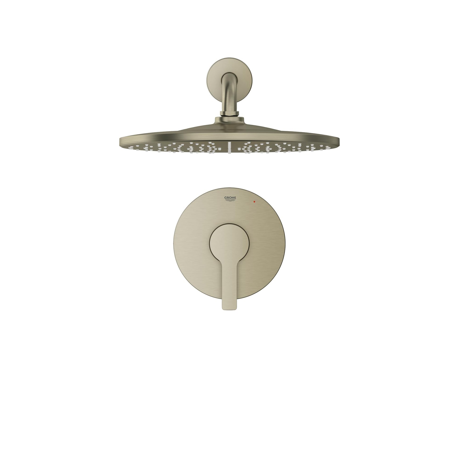 Brushed nickel shower valve combo with round escutcheon plate, lever handle, and overhead rainfall showerhead.
