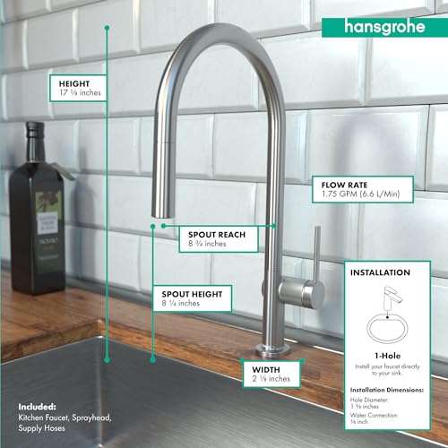 Steel Optic high-arc kitchen faucet with pull-down sprayer, shown installed above wooden countertop with specification callou