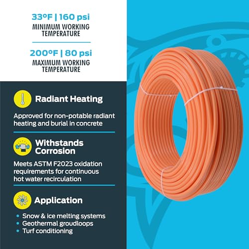 Red-orange coiled PEX-C pipe with white stripe, 1/2 inch diameter, rated 33-200°F for radiant heating systems.