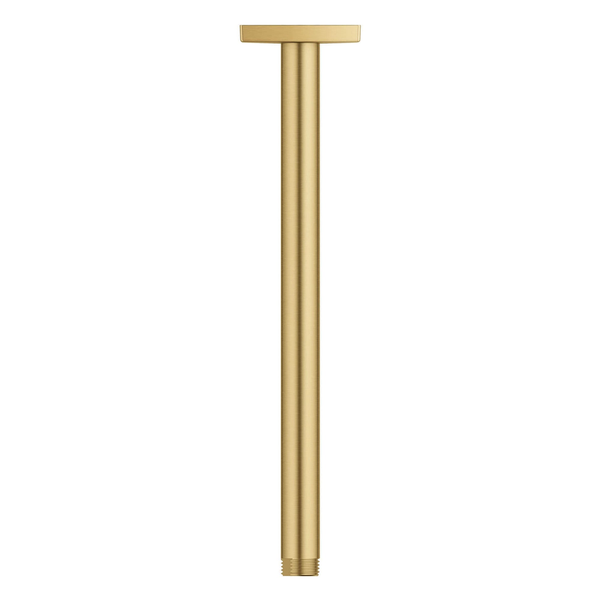 Brushed gold ceiling shower arm with square flange and threaded connection, vertical orientation.