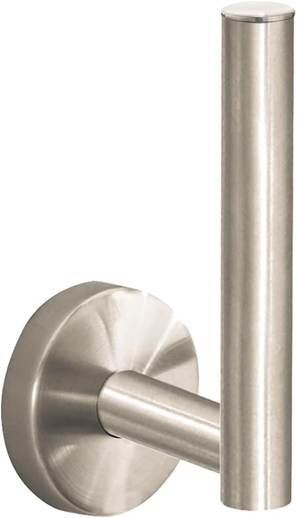Brushed nickel cylindrical spare toilet paper holder with round wall-mounted base and vertical roll storage.