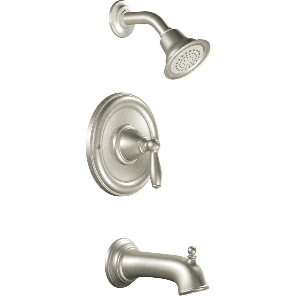 Moen Brantford Pressure Balancing Modern Bathtub and Shower Trim Kit with Shower Head Shower Handle and Tub Spout Shower Faucet Set Posi Temp in Brushed Nickel - T2153BN