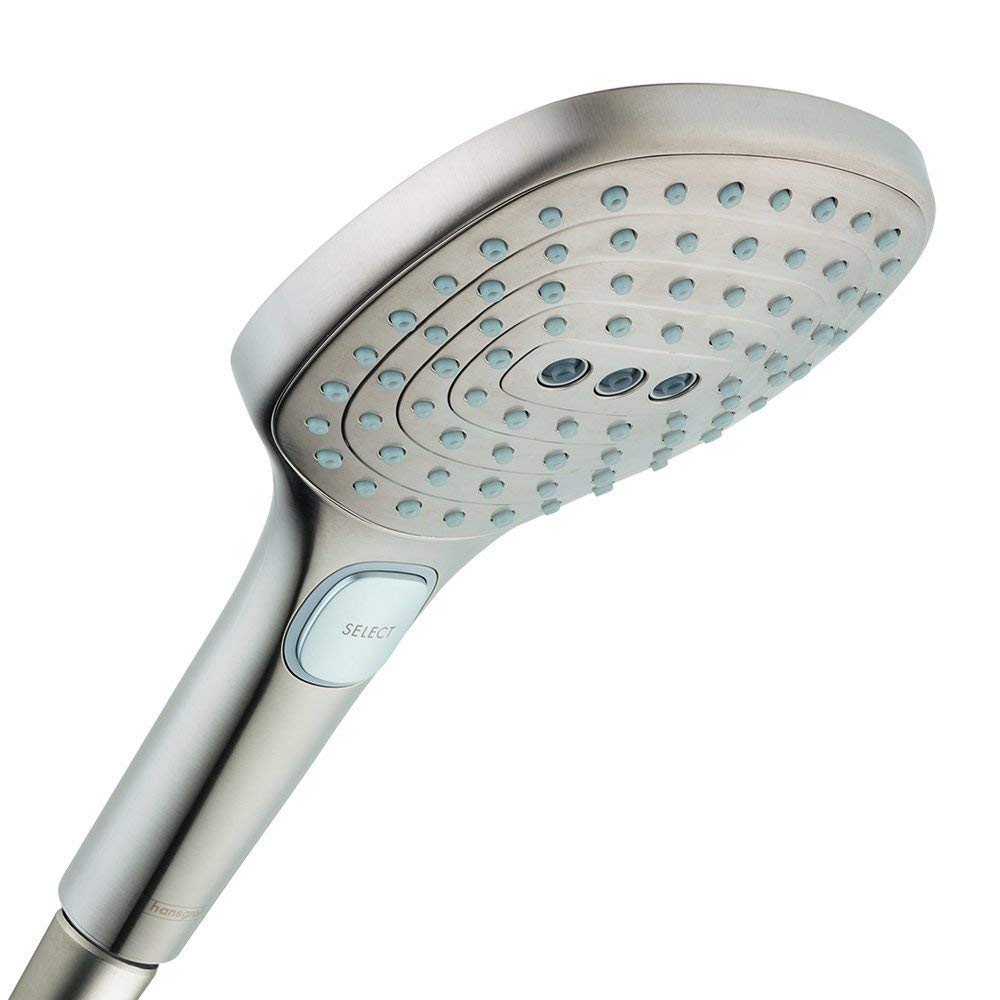 Brushed nickel handheld showerhead with oval face, multiple spray holes, and three jet selector buttons on handle.