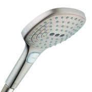 Brushed nickel handheld showerhead with oval face, multiple spray holes, and three jet selector buttons on handle.