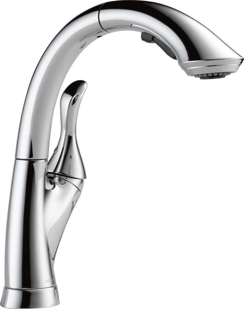 Chrome kitchen faucet with high-arc spout, single handle lever, and pull-out spray head.