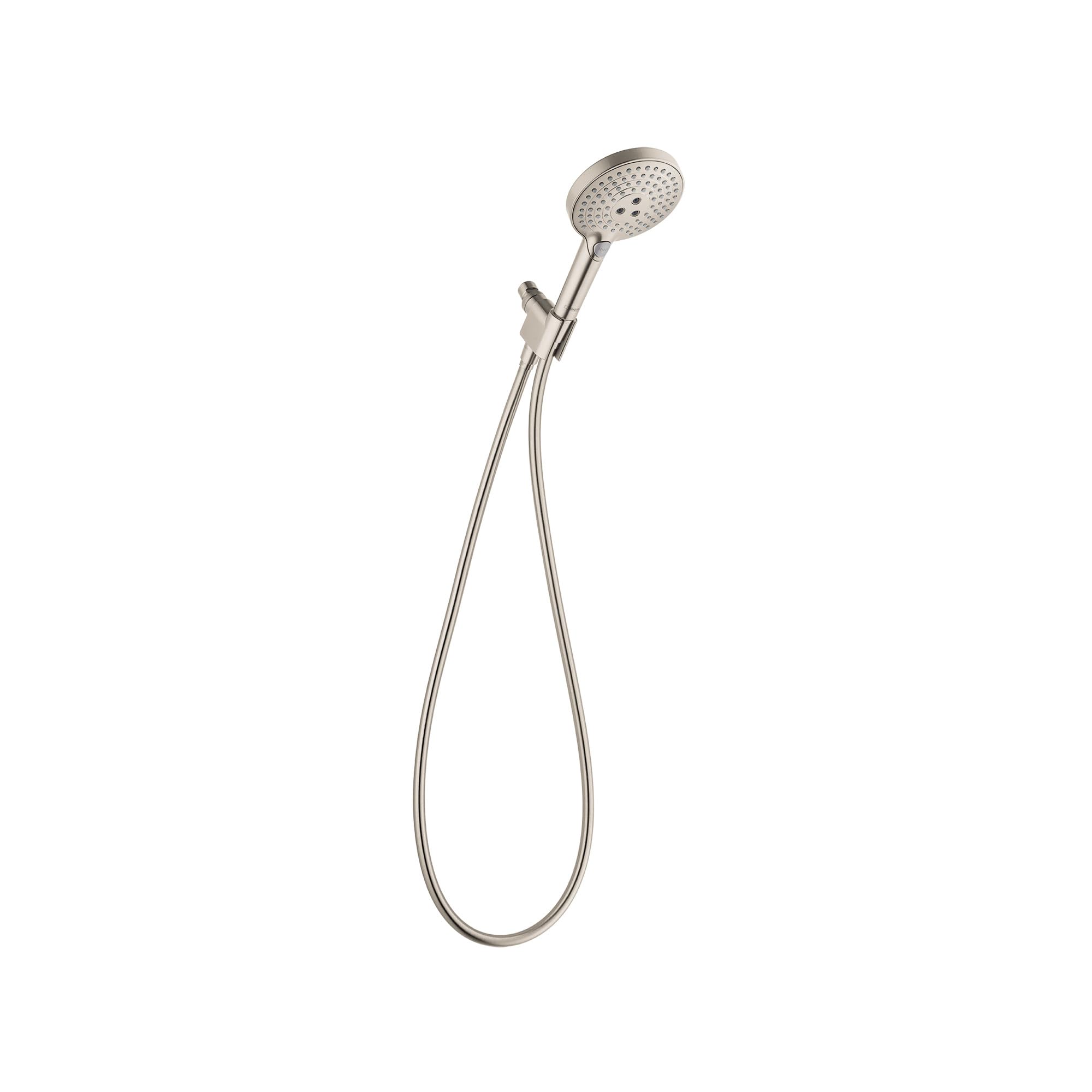 Brushed nickel handheld showerhead with perforated face connected to curved hose and wall bracket.