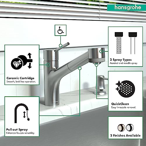 Hansgrohe Talis S steel optic kitchen faucet with pull-out spray head and single lever handle shown with product feature call