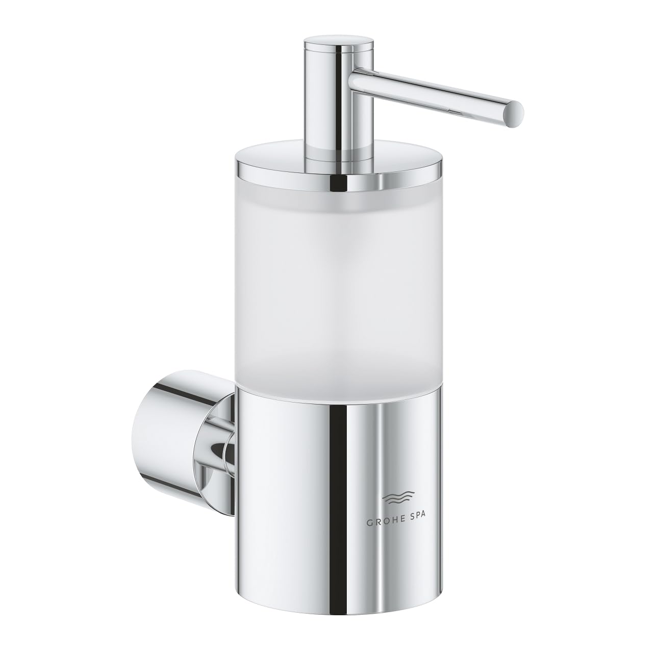 Chrome soap dispenser holder with cylindrical frosted glass container and wall-mounted pump arm.