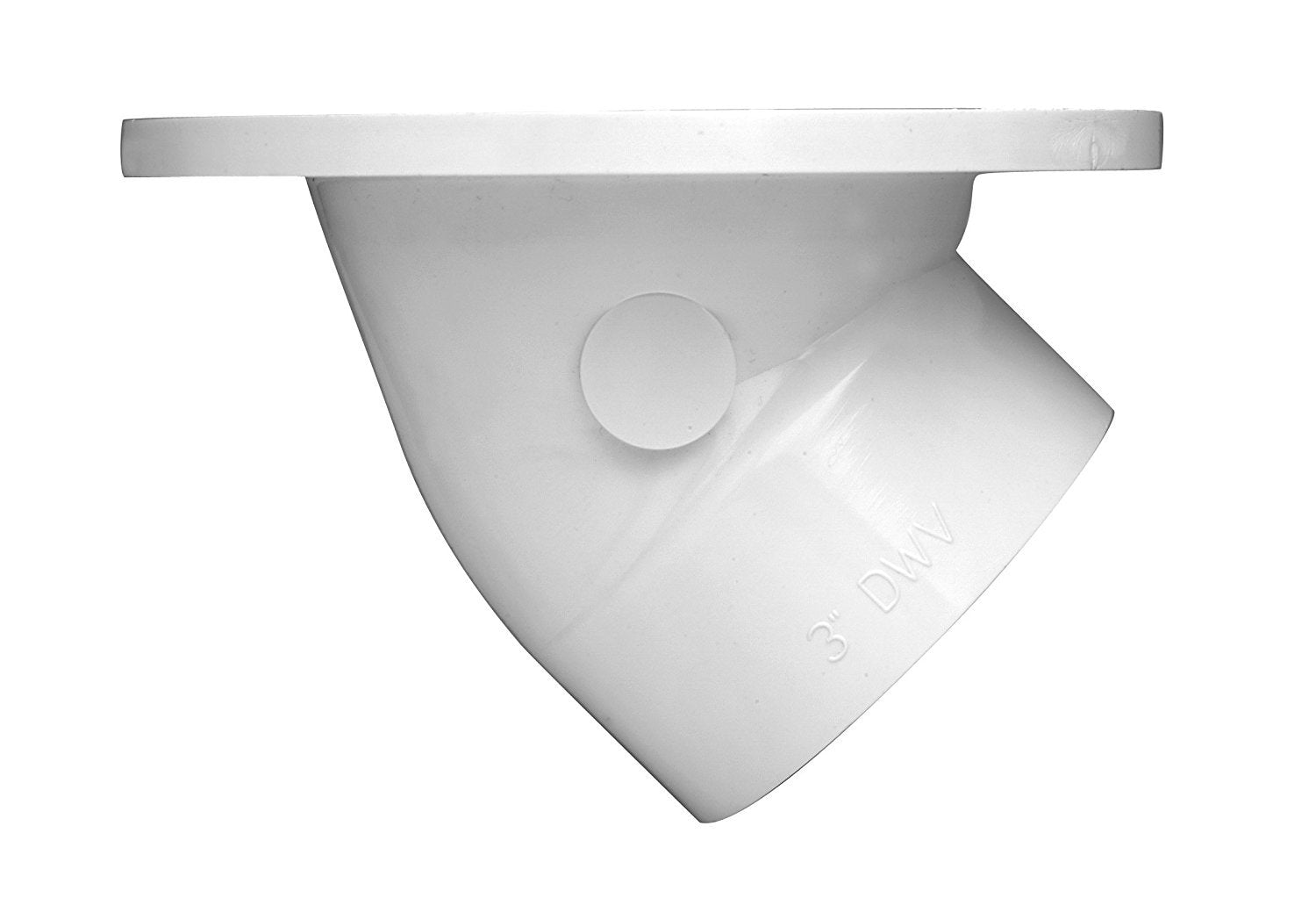 White PVC closet flange with stainless steel ring and angled outlet pipe.