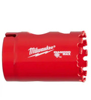 Red Milwaukee Diamond Max hole saw with cylindrical body and segmented cutting edge, displayed on white background.