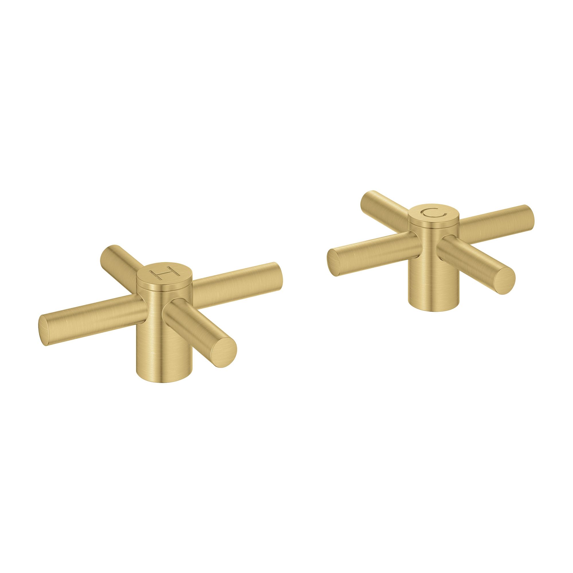 Pair of brushed gold cross handles with cylindrical bodies and four protruding arms each.