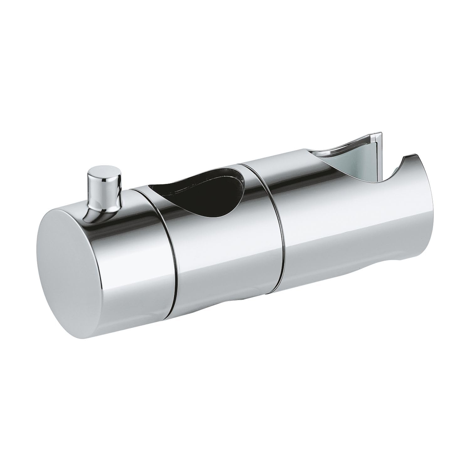 Chrome glide element with cylindrical body, adjustment collar, and integrated handshower holder bracket.