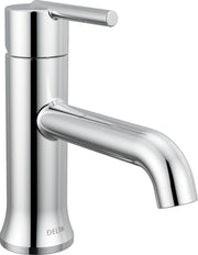 Chrome single-handle bathroom faucet with cylindrical body and curved spout.