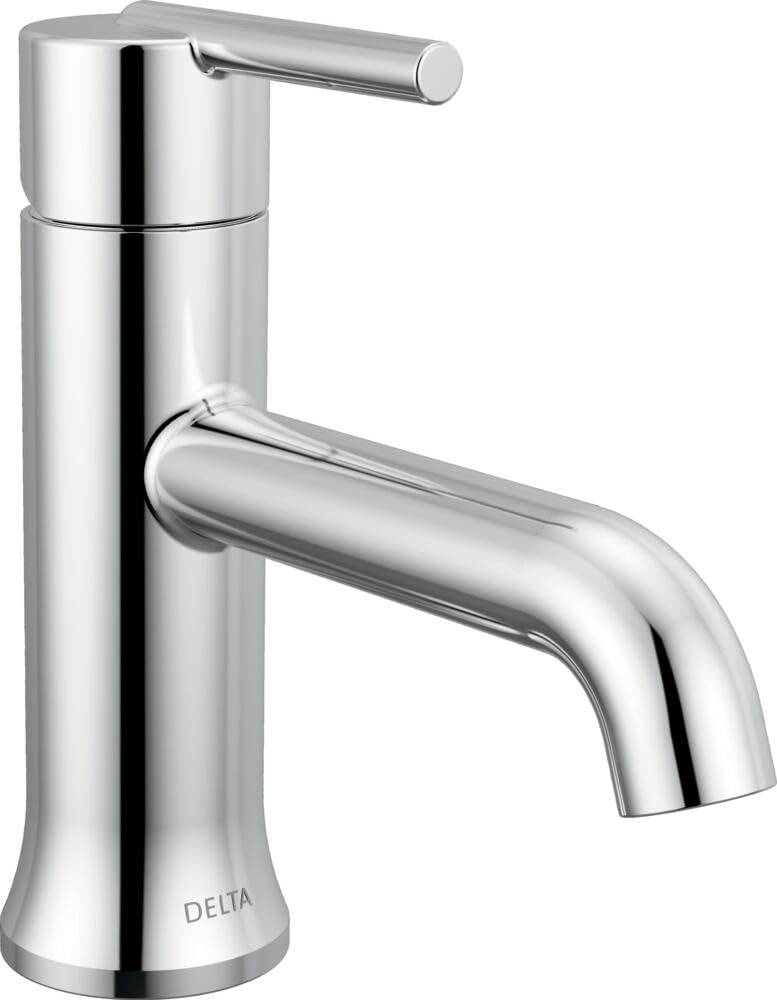 Chrome single-handle bathroom faucet with cylindrical body and curved spout.