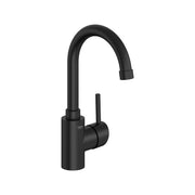 Black single-handle kitchen faucet with curved spout and side lever control.