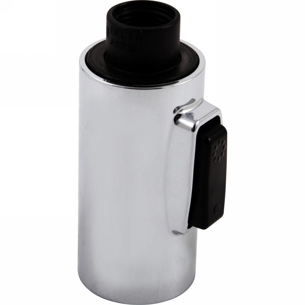Stainless steel cylindrical spray assembly with black rubber grip handle and black rubber intake tube on top.
