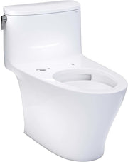 White one-piece elongated toilet with integrated tank and seat-less design, shown from angled front view.