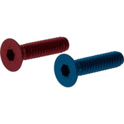 Two hex socket cap screws with red and blue finish and countersunk heads.