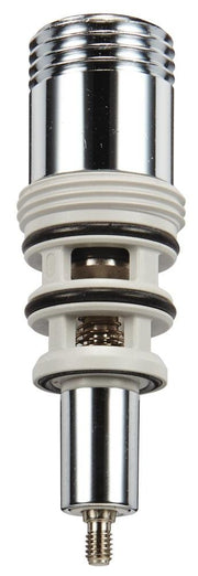 Chrome diverter cartridge with threaded connection, white seals and internal valve mechanism visible.