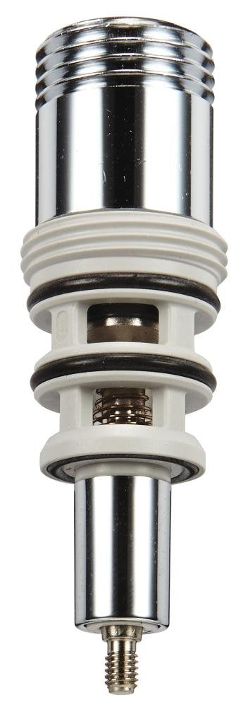 Chrome diverter cartridge with threaded connection, white seals and internal valve mechanism visible.