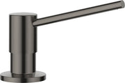 Satin dark steel soap dispenser with cylindrical pump body and angled spout.