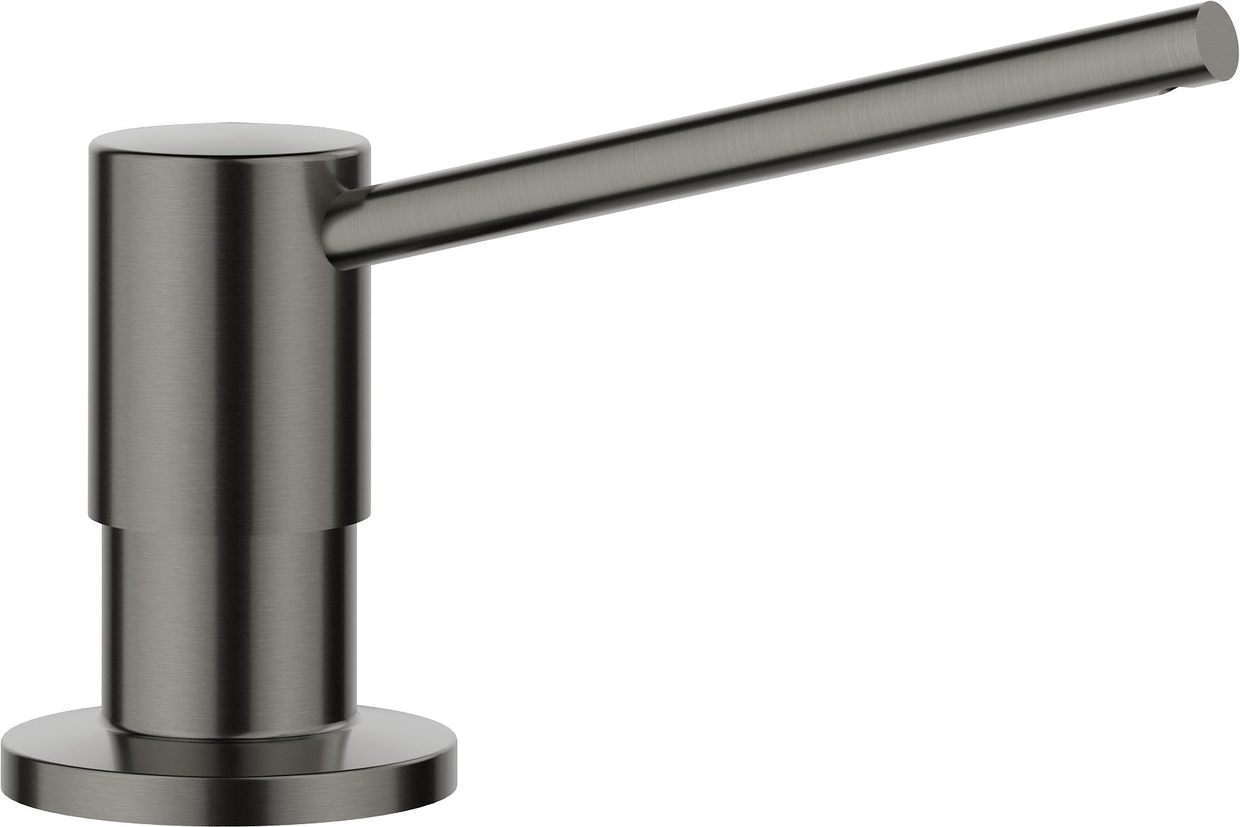 Satin dark steel soap dispenser with cylindrical pump body and angled spout.