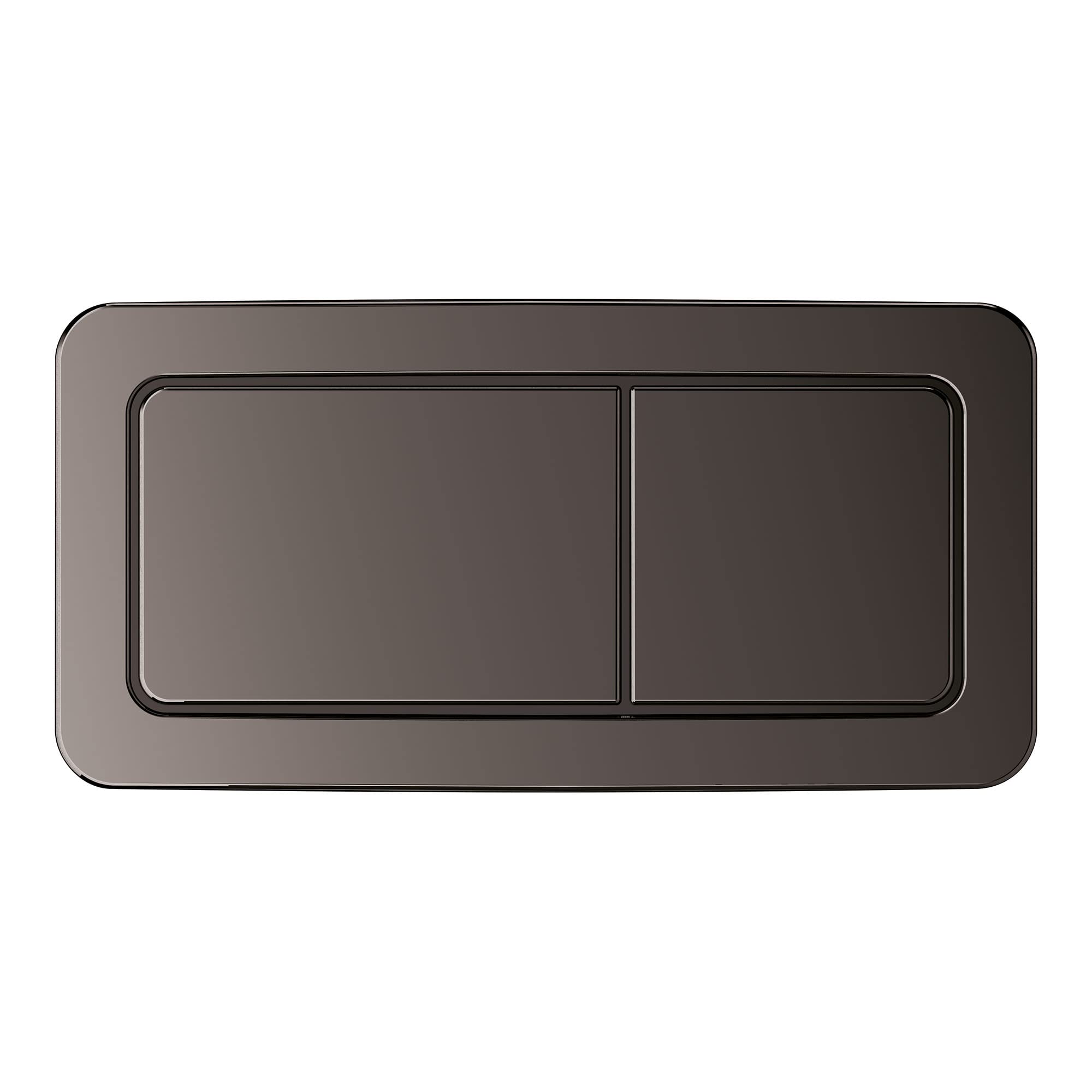 Dark graphite rectangular dual flush actuator plate with two separate press buttons for toilet tank control.