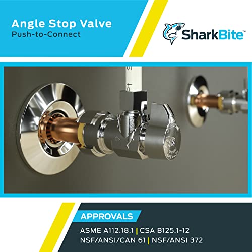 Sharkbite 1/2" x 3/8" compression angle stop valve with push-to-connect fitting and brass interior components.