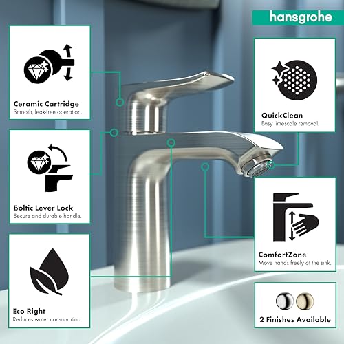Hansgrohe Metris single-hole bathroom faucet in brushed nickel with curved spout and lever handle.