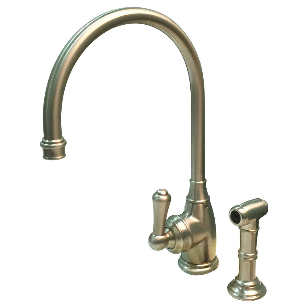 Satin nickel kitchen faucet with curved spout, single lever handle, and separate side spray attachment.