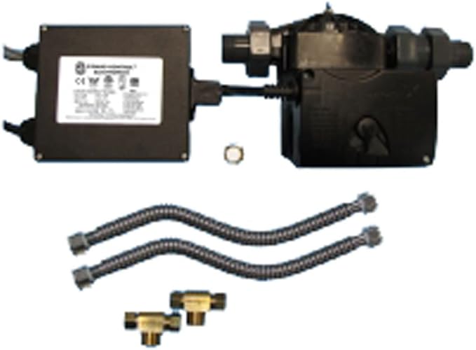 Hot water recirculating pump system with control box, two hoses, and brass fittings.