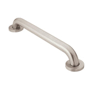 Brushed stainless steel grab bar with concealed mounting flanges at each end, curved cylindrical design.
