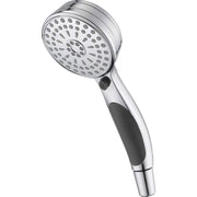 Chrome hand shower with multiple spray holes, black rubber grip, and control button on handle.