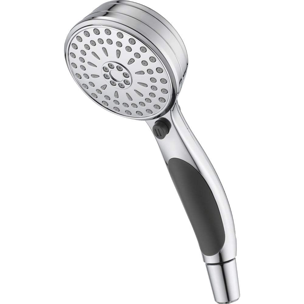Chrome hand shower with multiple spray holes, black rubber grip, and control button on handle.