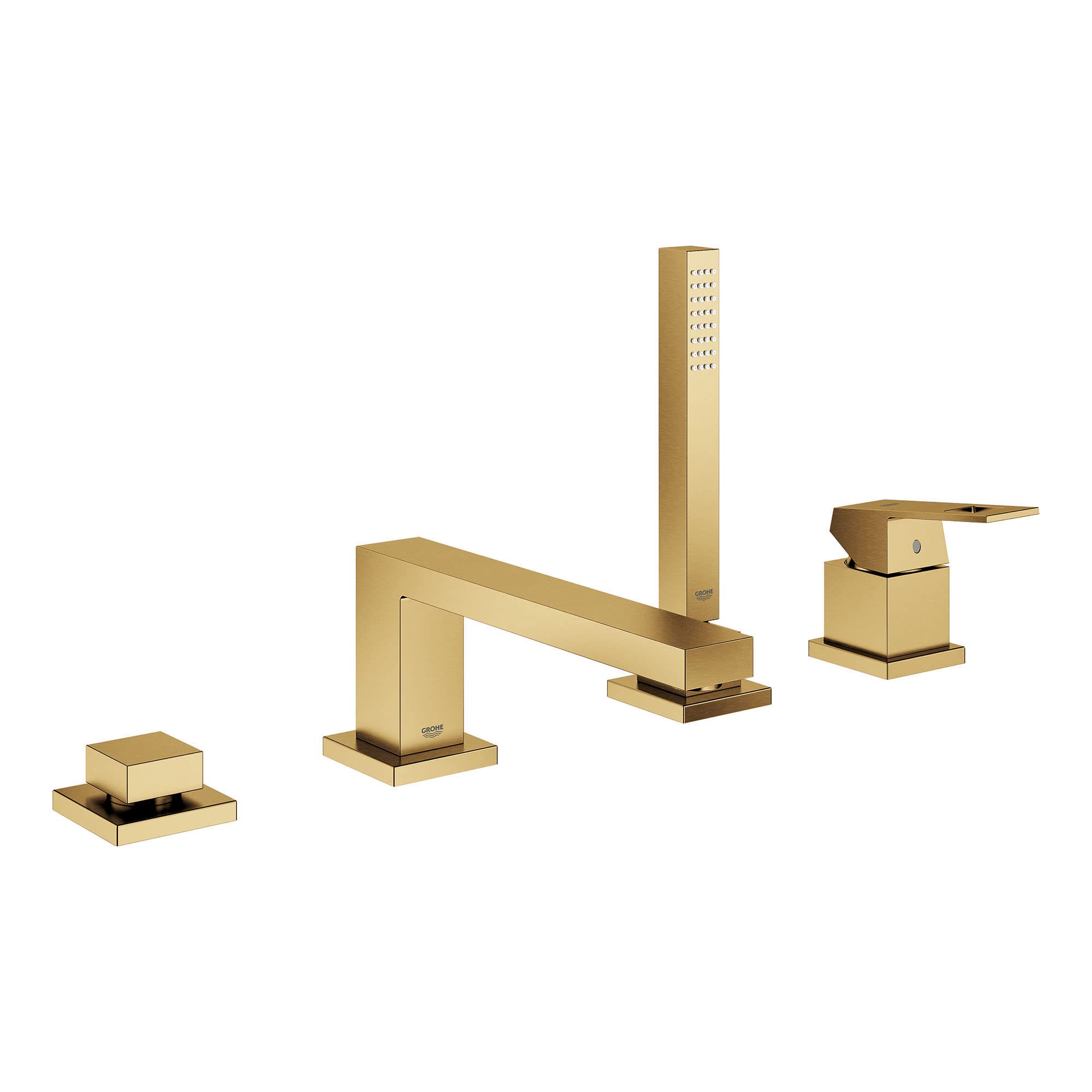 Grohe Eurocube brushed gold four-piece deck-mount tub faucet set with tall spout, hand shower, and control handles.