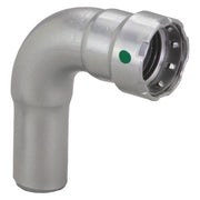 Silver metal 90-degree elbow connector with press fitting end and green indicator dot.