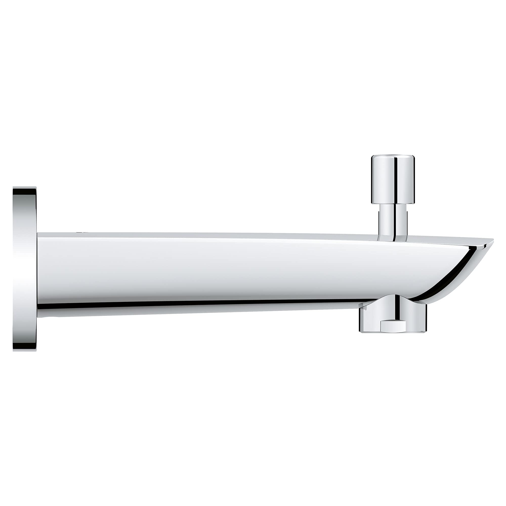 Chrome diverter tub spout with curved outlet and cylindrical diverter lever mounted on wall flange.